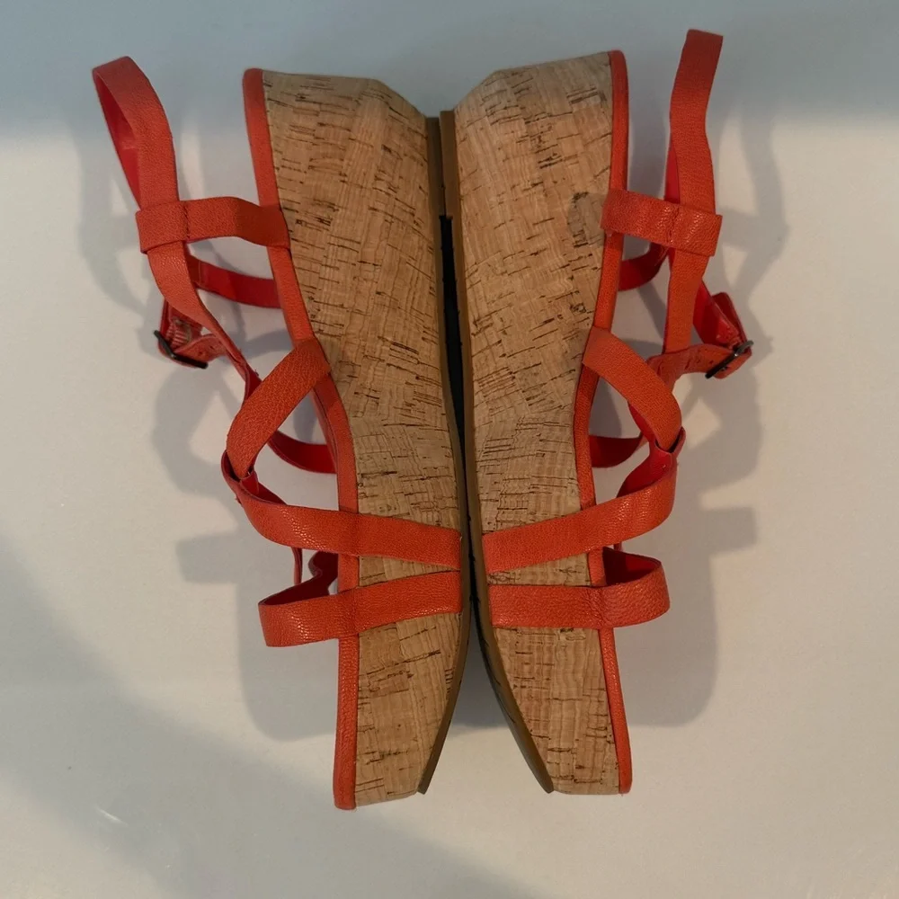 Eileen Fisher Array Platform Sandals Strappy Cork Wedge Coral Orange Size 11